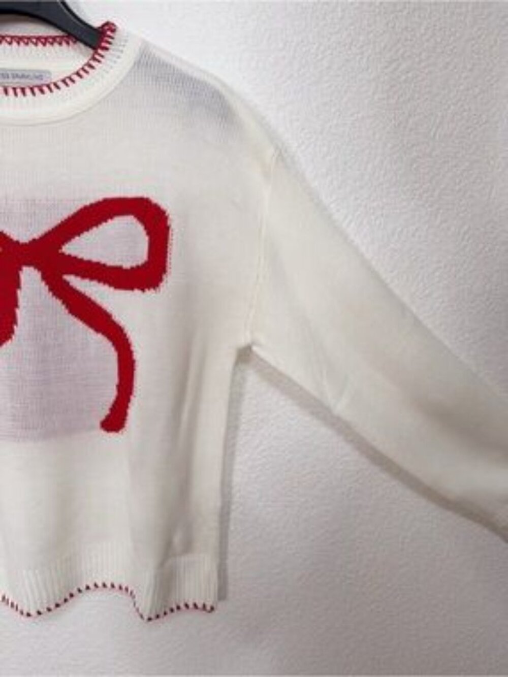 Miss Sparkling Ivory Red Bow Graphic Lightweight Knit Sweater - Picture 4 of 7
